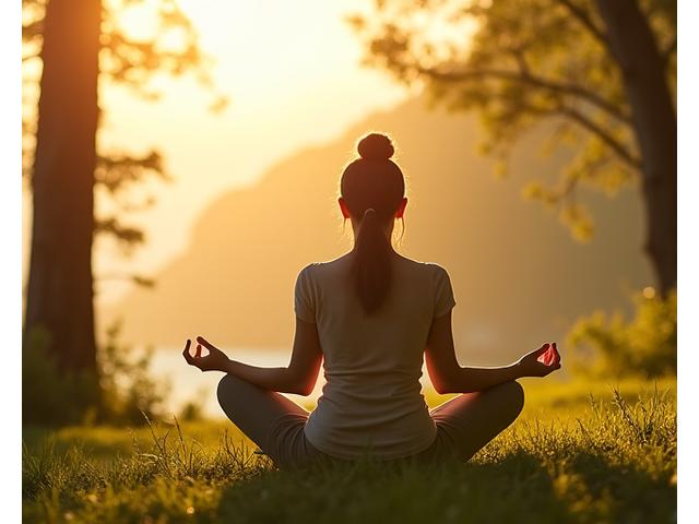 Persona meditando pacíficamente en un entorno natural con luz cálida, representando la serenidad del mindfulness.