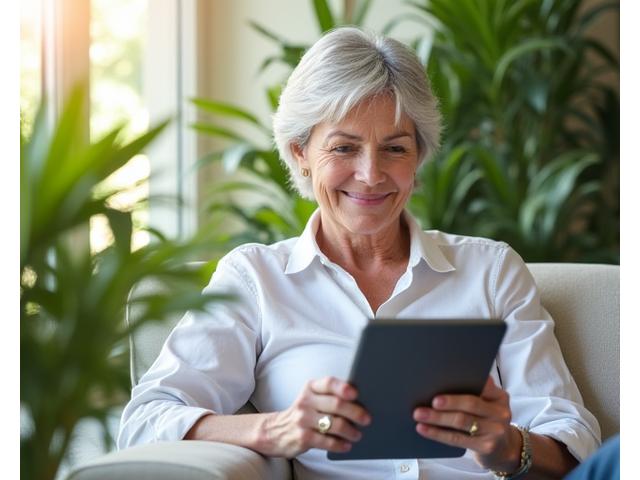 Mujer sonriente de 40s leyendo una tableta, rodeada de plantas y luz natural.
