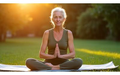 Persona haciendo yoga suave al amanecer en un parque.