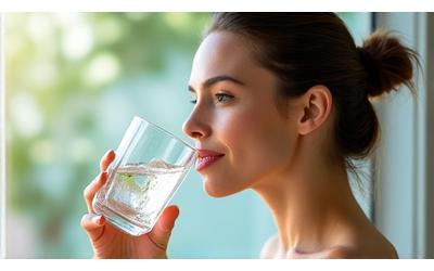 Mujer sonriendo y bebiendo agua, con una expresión de bienestar.