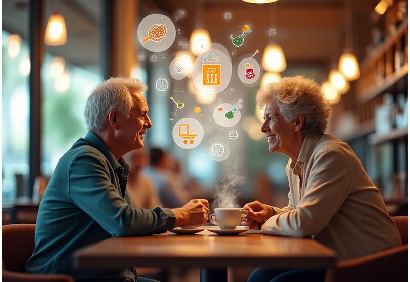 Dos personas de mediana edad conversando felizmente en un café, con burbujas de diálogo simbólicas que representan diferentes temas de salud: nutrición, yoga, atención plena.