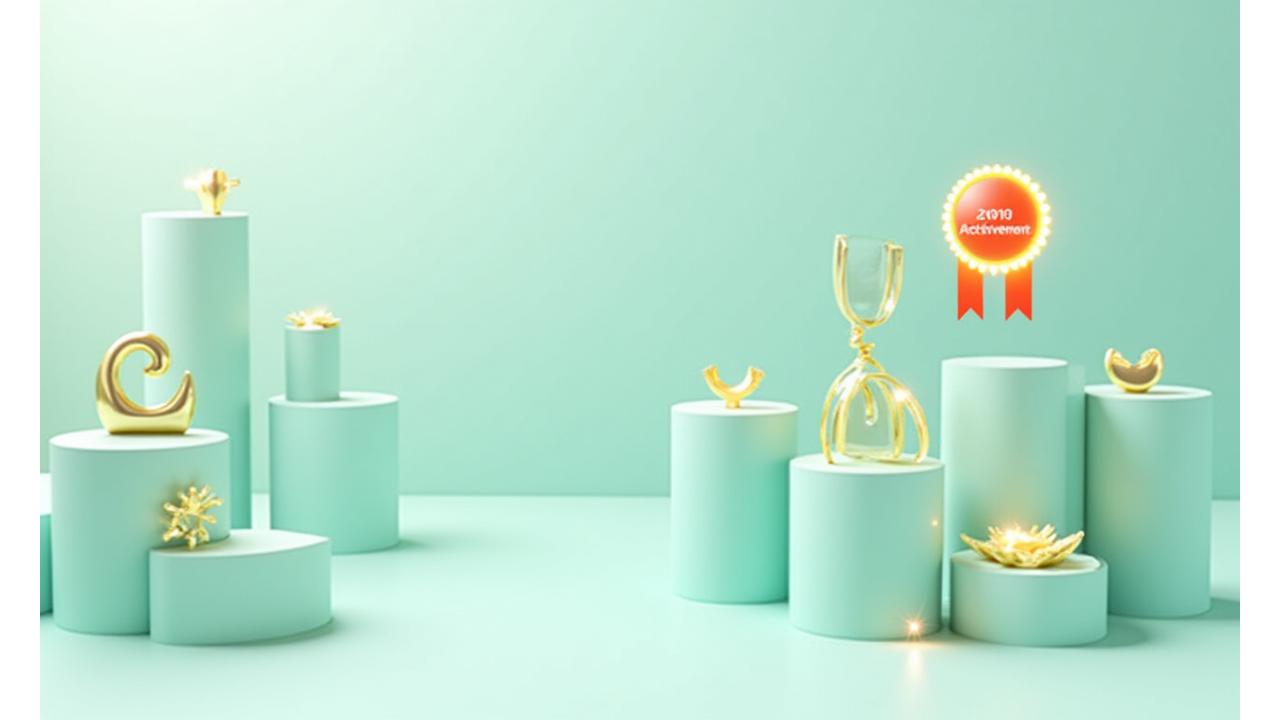 Un conjunto de insignias brillantes y trofeos estilizados que flotan sobre un fondo minimalista y de tonos verdes, representando logros y reconocimiento en una comunidad saludable.