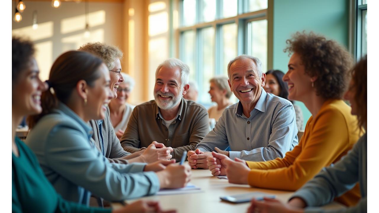 Un grupo diverso de adultos riendo y conversando en un espacio abierto, simbolizando una comunidad acogedora y vibrante.