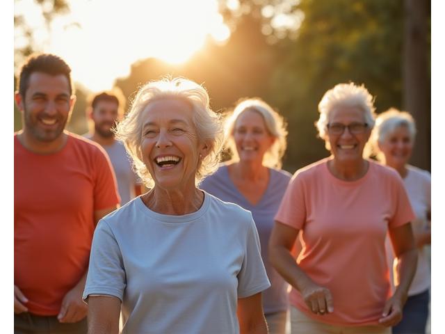 Grupo diverso de adultos valencianos sonriendo y participando en una actividad comunitaria al aire libre en un parque con palmeras, simbolizando la vitalidad y la conexión social.