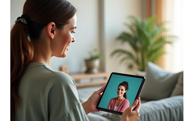Mujer adulta sonriente hablando con un coach de bienestar en una tableta, mostrando una consulta virtual personalizada.