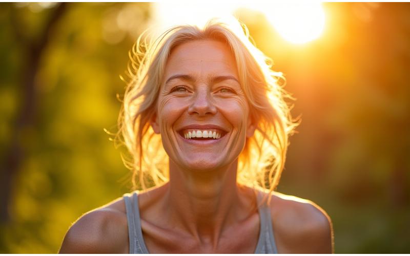 Mujer adulta sonriente con piel radiante y cabello plateado disfrutando la vida al aire libre, simbolizando un envejecimiento activo.