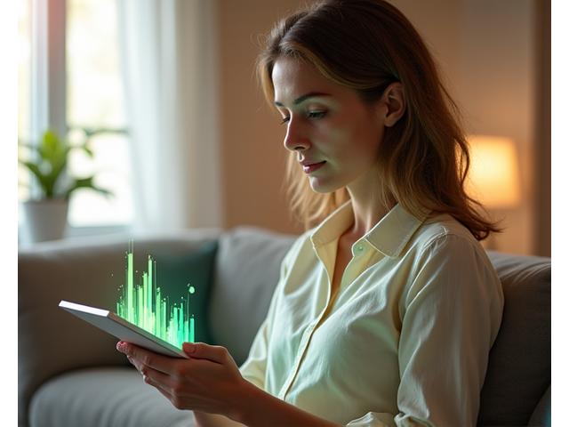 Mujer mayor de 35 años usando una tablet para realizar una evaluación de bienestar, con gráficos virtuales flotando alrededor que representan salud y progreso.