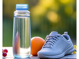 Botella de agua junto a unas zapatillas de deporte y una fruta, simbolizando hidratación y actividad física.