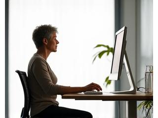 Persona trabajando sentada en un escritorio ergonómico, con buena postura y un ambiente de trabajo saludable.