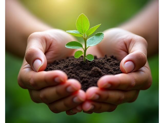 Manos entrelazadas en un gesto de sostenibilidad formando un círculo con brotes verdes, simbolizando crecimiento y apoyo continuo.