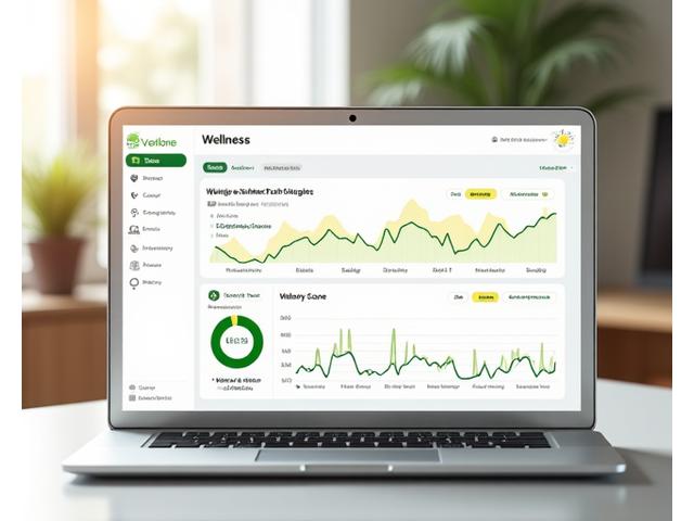 Una pantalla de tablet mostrando un dashboard de progreso con gráficos de peso, energía y composición corporal, de forma limpia y motivadora.