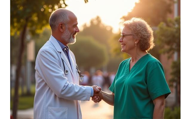 Dos personas, un profesional de la salud y un representante comunitario, estrechándose la mano en un entorno valenciano con palmeras
