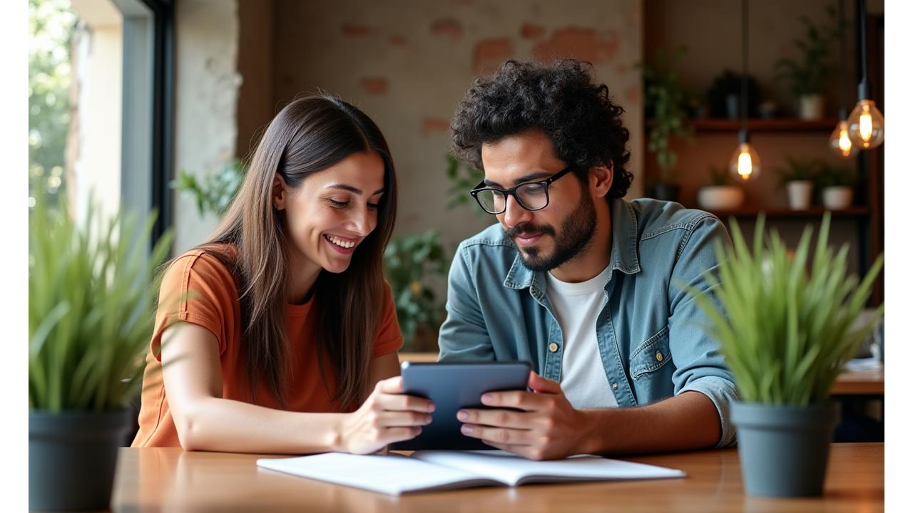 Fundadores de Vitalía Bienestar, Elena y Miguel, compartiendo una idea en un café acogedor en Valencia