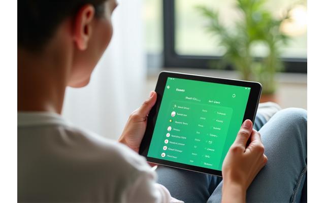 Persona de 40 años utilizando la plataforma de Vitalía Bienestar en una tablet en un entorno tranquilo